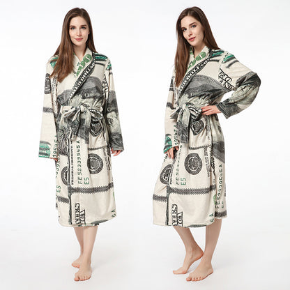 Warm Night Gown Flannel "100" Print Bathrobe Hooded Or Lapel Personalized Collar