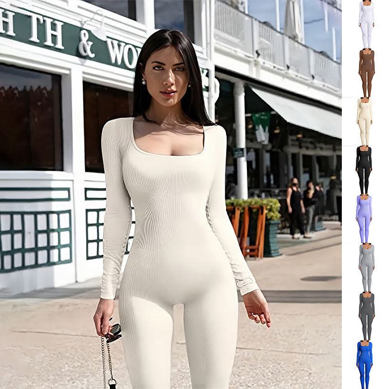 Long Sleeve Square Collar Neck Fitness Jumpsuit