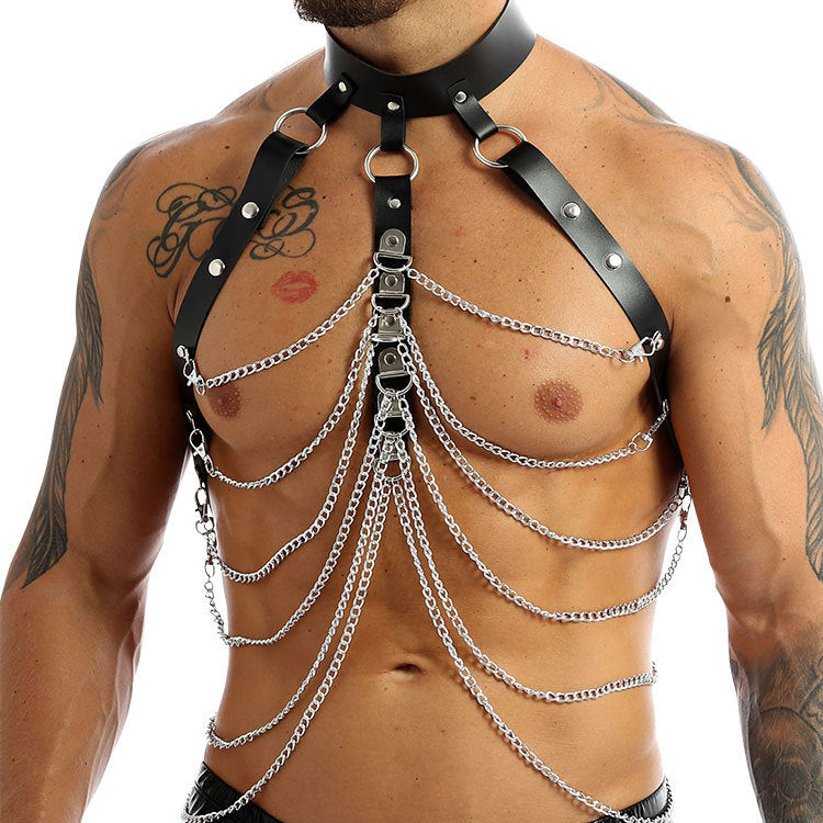 Men's Backless Leather Strap Metal Chains