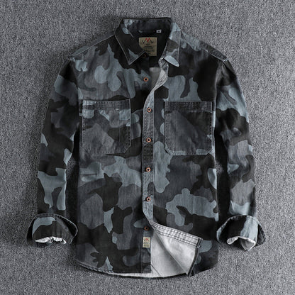 Washed Twill Woven Button-Up Long-Sleeve Camouflage Print Shirt