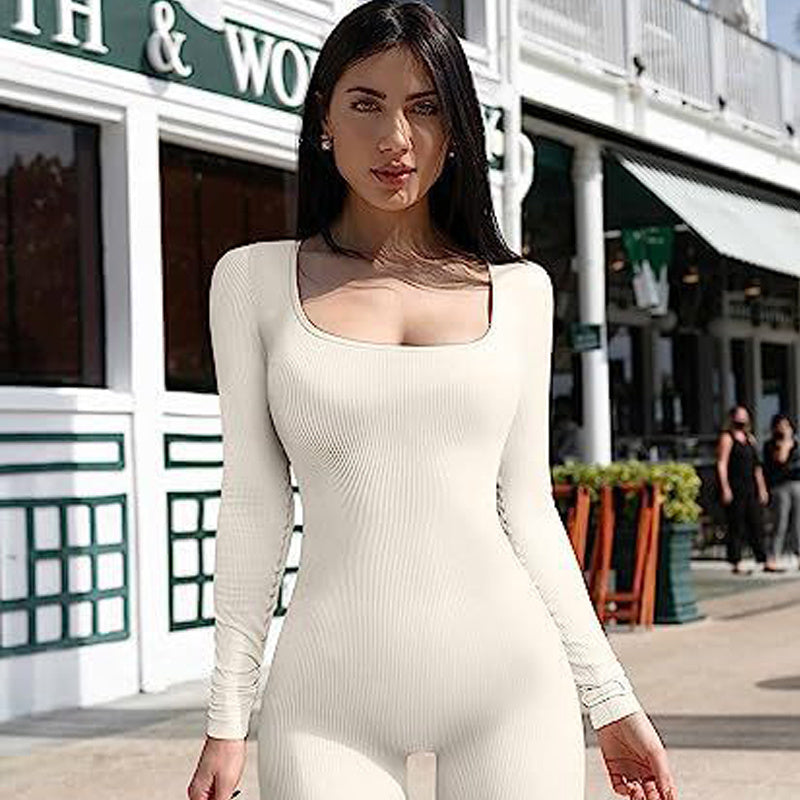 Long Sleeve Square Collar Neck Fitness Jumpsuit