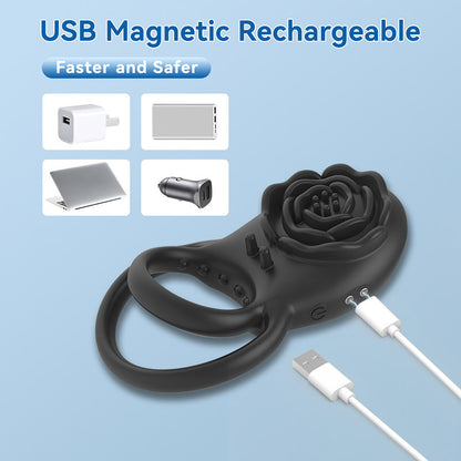 Men's Rose Silicone Vibrating Masturbation Device Magnetic Charging Ring