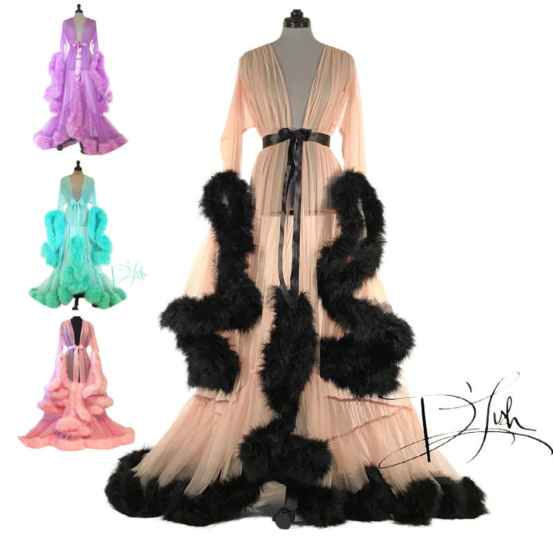 Luxurious Furry Feather Nightdress Long Skirt Robe