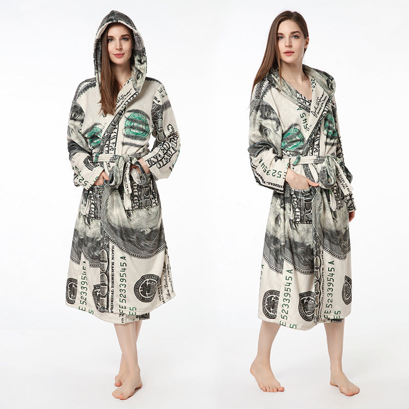 Warm Night Gown Flannel "100" Print Bathrobe Hooded Or Lapel Personalized Collar