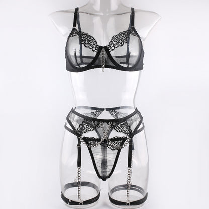 Embroidered Sexy Underwear Set With Metal Chain