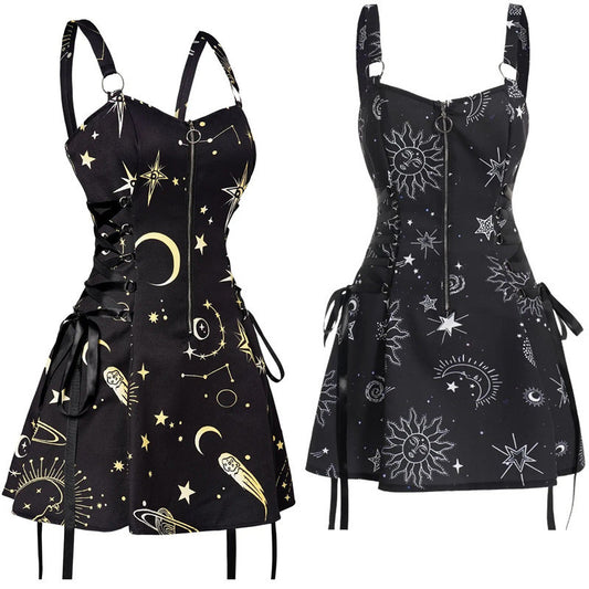 Sun, Moon, Stars, Planets Print Zipper Lace-Up High-Waisted Sling Dress