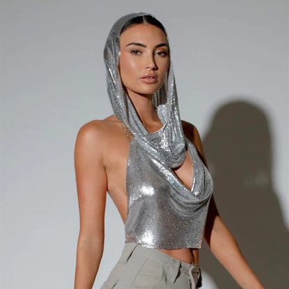 Back Slit Metal Sequins Top Scarf 2-Set