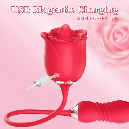 Tongue Licking Flower Head Telescopic Rose Massage Vibrator