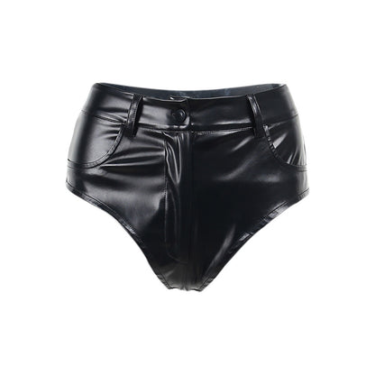 Tight Black High Waist Leather Stretch Shorts